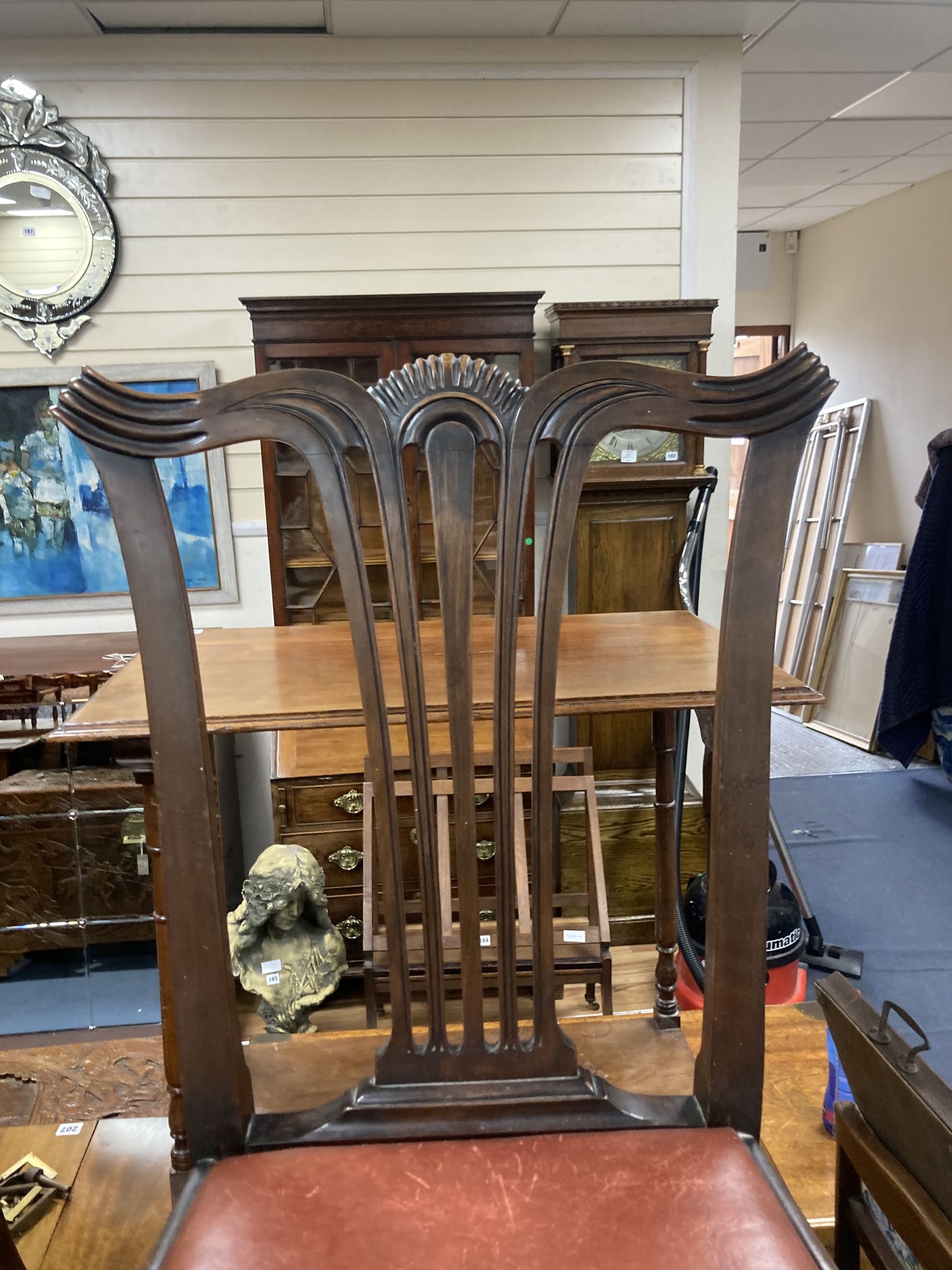 A George III mahogany corner washstand, width 55cm, depth 37cm, height 90cm, together with a dining chair